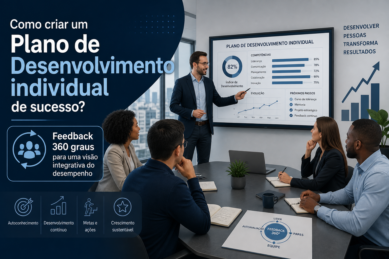 Gestor apresenta gráficos de feedback 360 graus usados na revisão do plano de desenvolvimento individual
