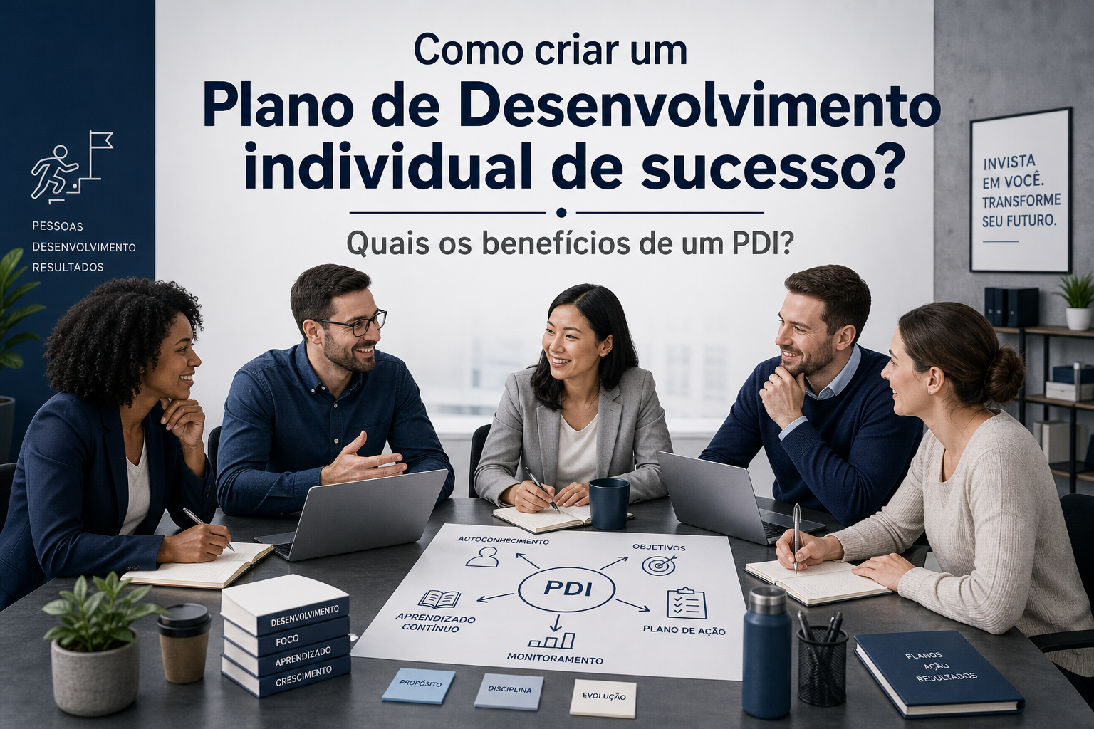 Equipe reunida à mesa analisa um diagrama de PDI e discute os benefícios do plano de desenvolvimento individual